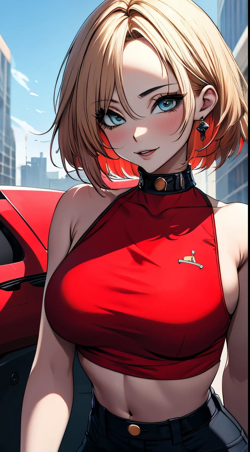 tmasterpiece,, Best quality at best, A high resolution, 1girll， with short golden hair，Red clotheary，hason, Crop top, (Large breasts 1.4), nabel，Fighting posture，cyber punk perssonage，City streets