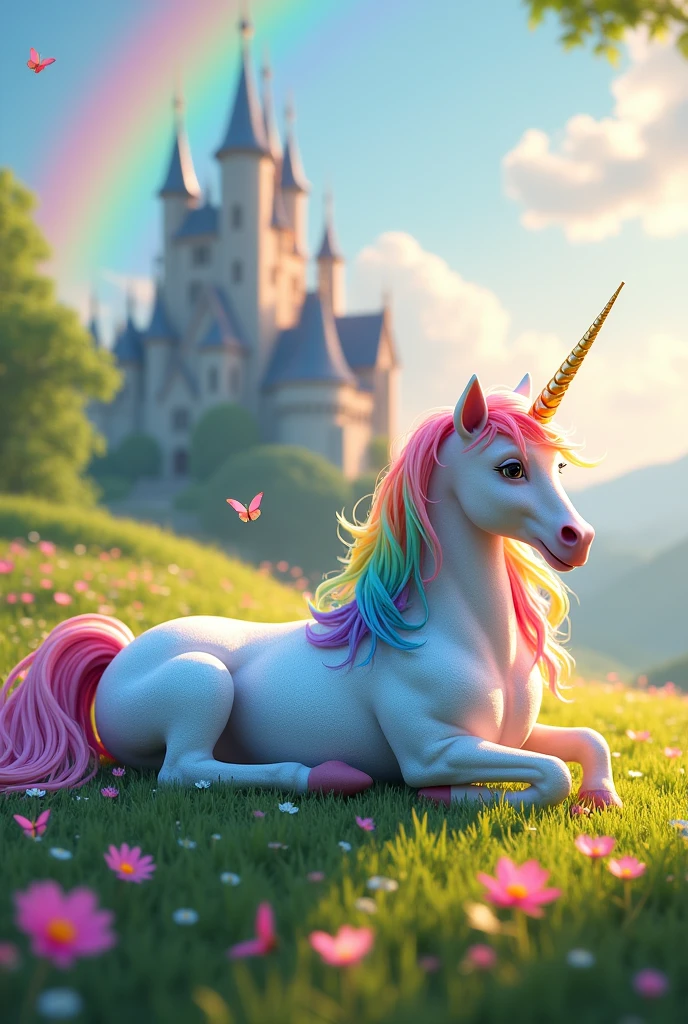 Shiny unicorn turned on its side with rainbow-colored fur, on the grass with a castle in the background, with butterflies and flowers around and a rainbow in the background