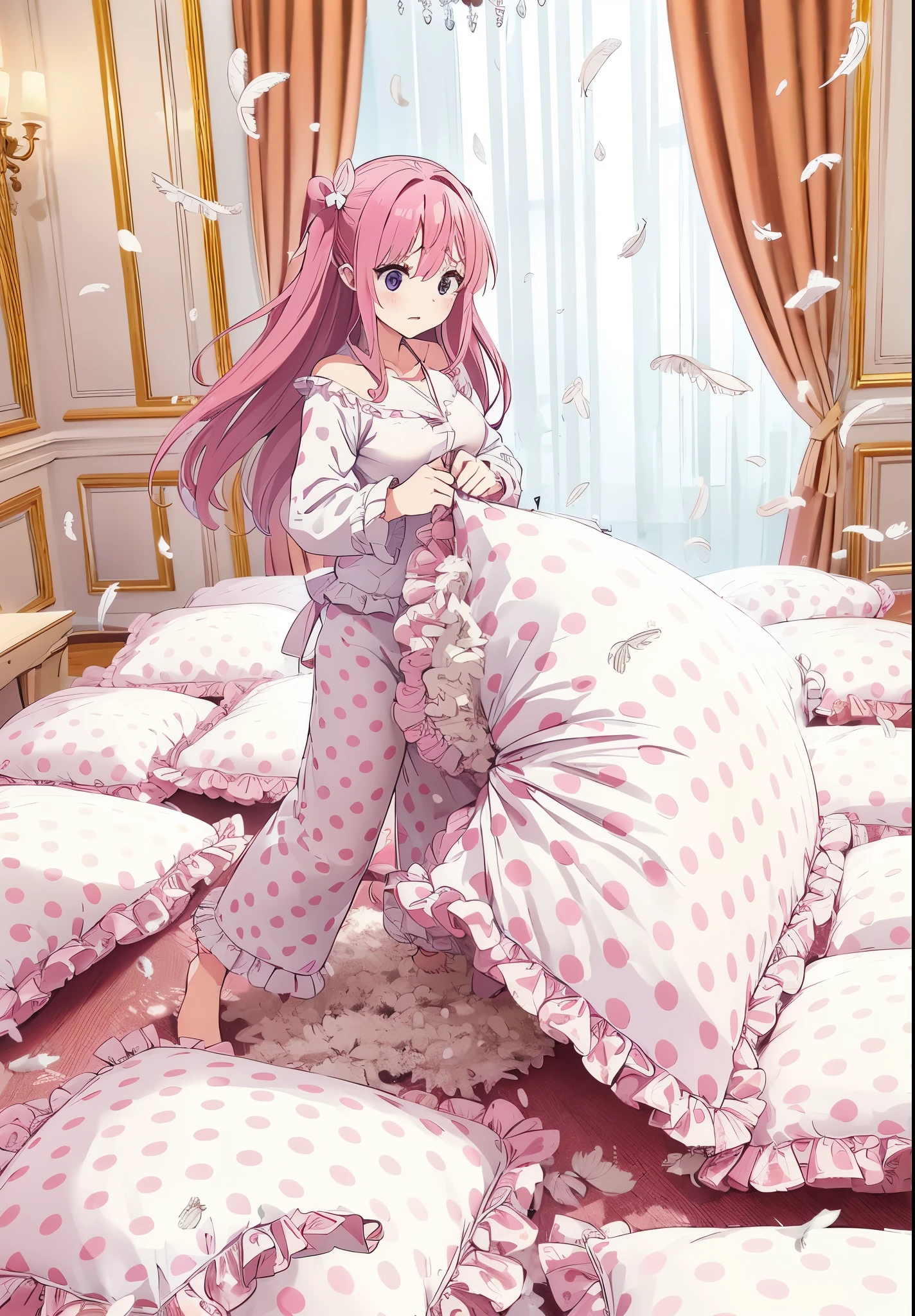 NSFW. a full-body with up perspective of an anime-style purple eyes, pink long hair female kids wearing a white pajama, standing and placing a giant, luxury pattern, frilled white pink polkadot cushion on the floor, tearing and ripping it with both hands until it's completely destroyed and then the stuffing of the cushion is taken and spread out using her hands too. After ruining it, the cushion should be ripping open with feathers and stuffing flying everywhere.The girl should have a ahegao and horny expression, focused on her task. The scene should show her in a luxury and cozy room with many giant, luxury pattern, frilled white pink polkadot square cushion around the floor, with the chaotic explosion of feathes around her, emphasizing the intense action.