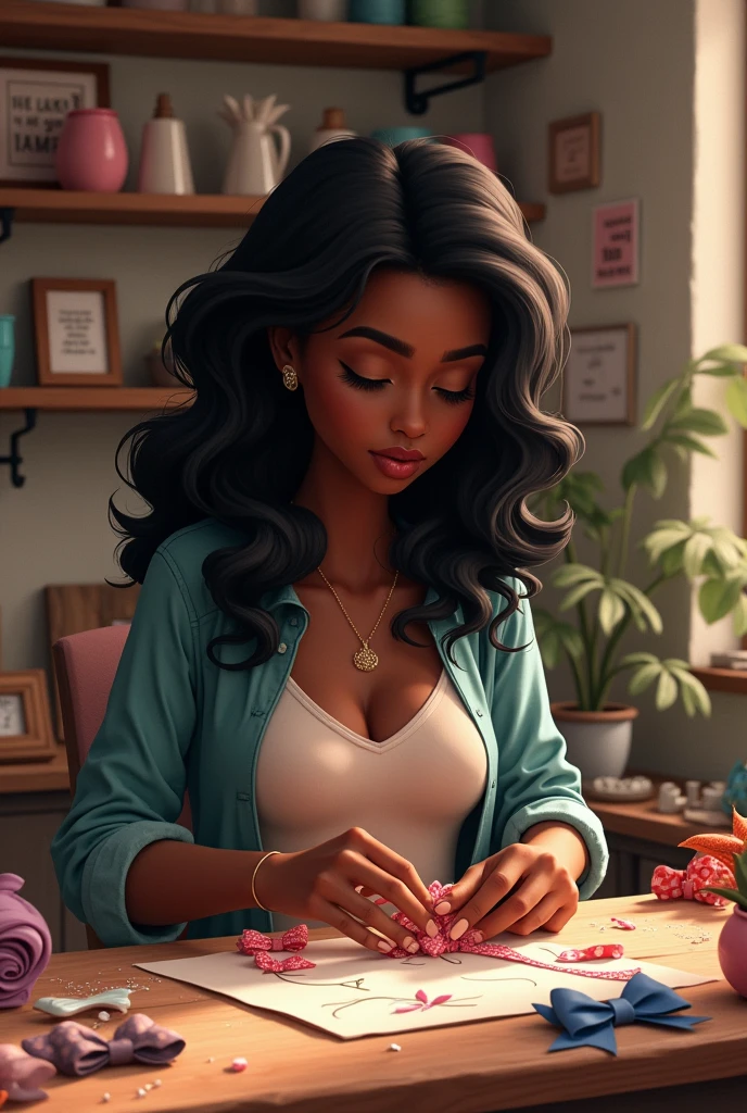 dark skinned with wavy black hair she is in her bow studio making a hair bow
