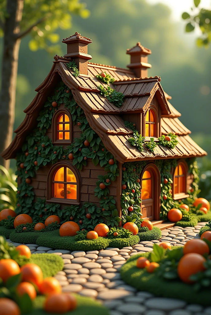 absurderes, high resolution, ultra detaild, HDR, Masterpiece artwork, best qualityer, ultra realisitic, (realistic house), house made of chocolate, parede de chocolate, fruit details, withouth People, green forest, solar lighting,