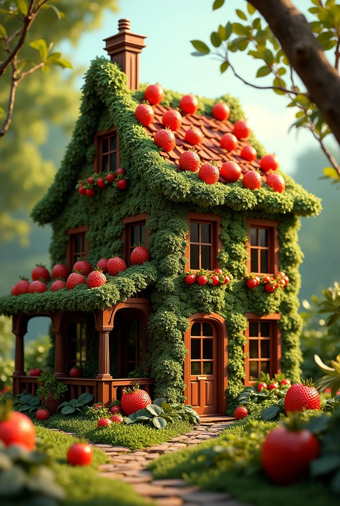 absurderes, high resolution, ultra detaild, HDR, Masterpiece artwork, best qualityer, ultra realisitic, (realistic house), house made of chocolate, parede de chocolate, fruit details, withouth People, green forest, solar lighting,