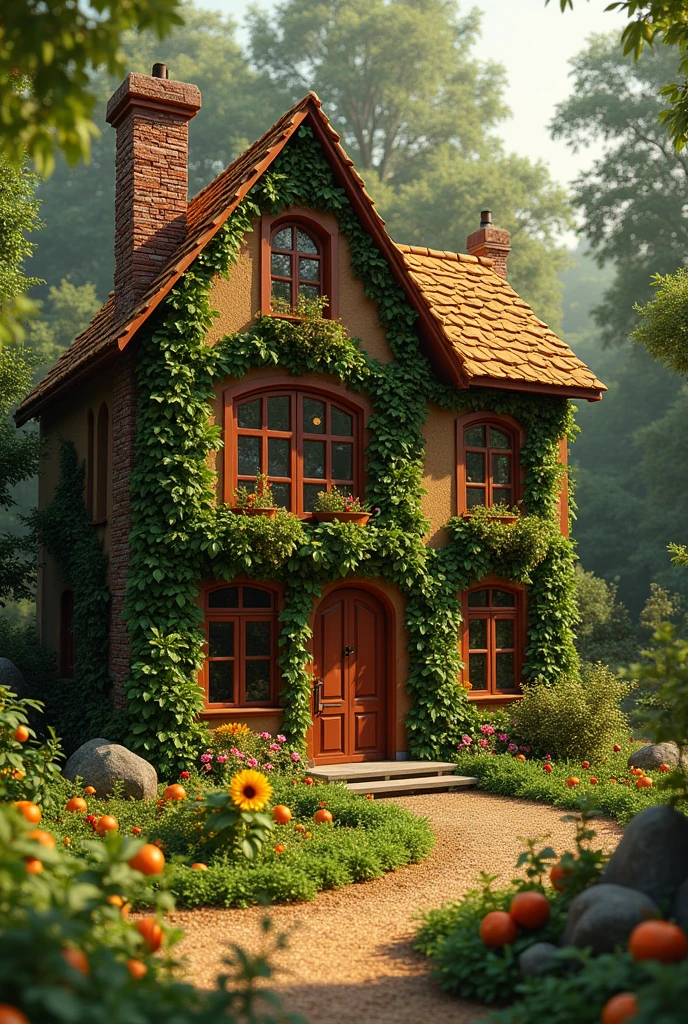 absurderes, high resolution, ultra detaild, HDR, Masterpiece artwork, best qualityer, ultra realisitic, (realistic house), house made of chocolate, parede de chocolate, fruit details, withouth People, green forest, solar lighting,