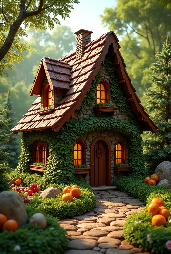 absurderes, high resolution, ultra detaild, HDR, Masterpiece artwork, best qualityer, ultra realisitic, (realistic house), house made of chocolate, parede de chocolate, fruit details, withouth People, green forest, solar lighting,