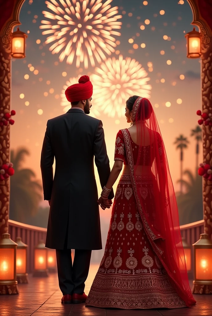 I want a barat invitation where bride is wearing a red lehnga with dupatta on head and full body covered and no backless kurti
of bride full covered and full sleeves and groom wearing black sherwani and black trouser and red turbin and both holding hands from behind and pic is of the back veiw and there is is lantern and fireworks in both sides and on sky and there is ample space on the top of pic for invitation and there is boarder on all sides of pic that give them a invitation card look