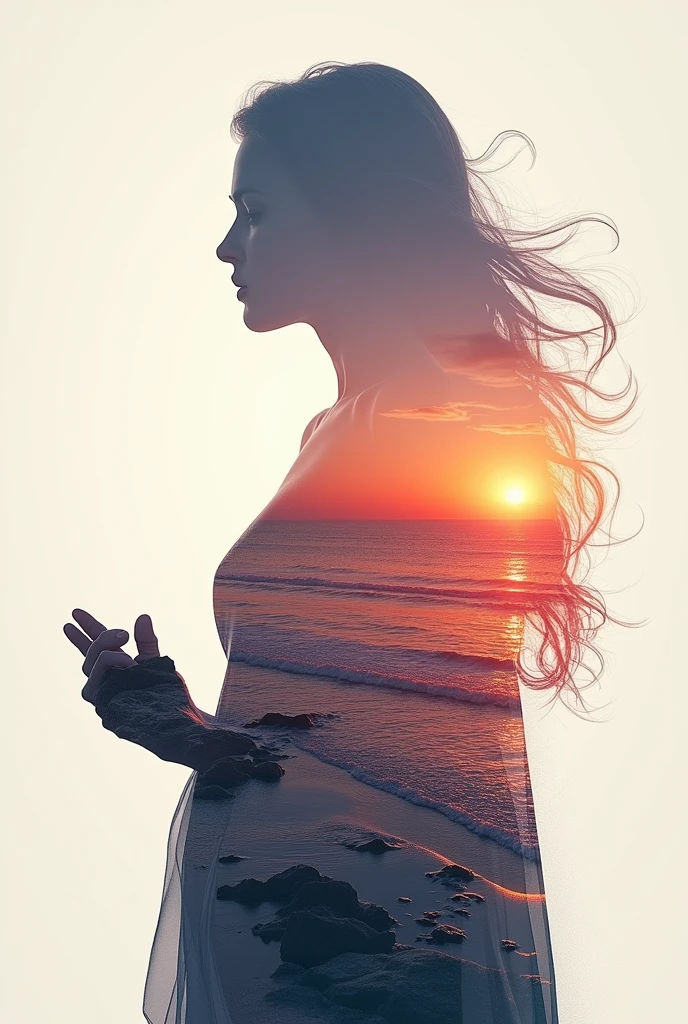 high quality, 8K Ultra HD, A beautiful double exposure that combines an goddess silhouette with sunset coast, sunset coast should serve as the underlying backdrop, with its details incorporated into the goddess , crisp lines, The background is monochrome, sharp focus, double exposure, by yukisakura, awesome full color,