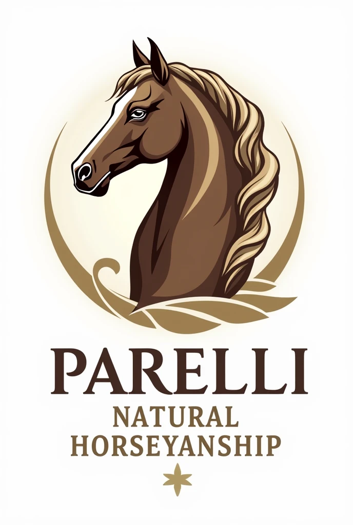 Design a logo featuring a beautifully detailed horse head, showcasing the horse's expressive eyes, flowing mane, and strong features. The horse head should be elegant and dynamic, capturing the essence of natural horsemanship. Include the text "Parelli Natural Horsemanship" in a bold yet sophisticated font that complements the style of the horse head. The logo should have a harmonious color palette with natural tones like browns, golds, and whites to enhance the theme of horsemanship. Ensure the design is balanced and visually appealing, with intricate details that convey professionalism and expertise in horsemanship. The background should be transparent to allow the logo to be used on various surfaces.
