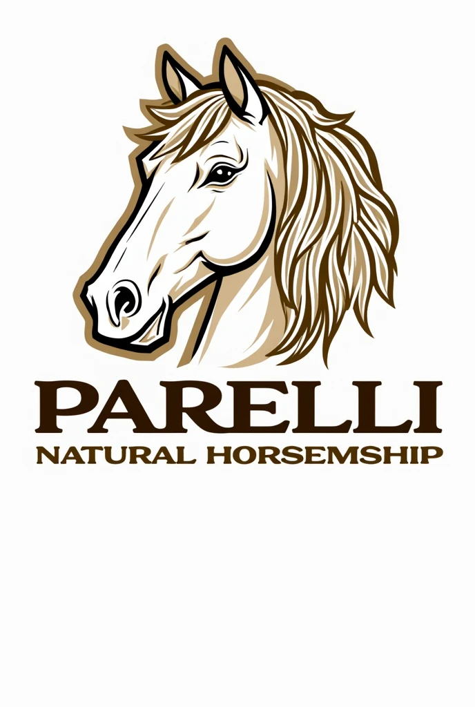 Design a logo featuring a beautifully detailed horse head, showcasing the horse's expressive eyes, flowing mane, and strong features. The horse head should be elegant and dynamic, capturing the essence of natural horsemanship. Include the text "Parelli Natural Horsemanship" in a bold yet sophisticated font that complements the style of the horse head. The logo should have a harmonious color palette with natural tones like browns, golds, and whites to enhance the theme of horsemanship. Ensure the design is balanced and visually appealing, with intricate details that convey professionalism and expertise in horsemanship. The background should be transparent to allow the logo to be used on various surfaces.