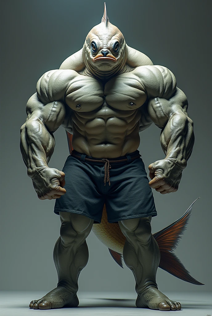 Make me a muscled fish and do the double biceps pose