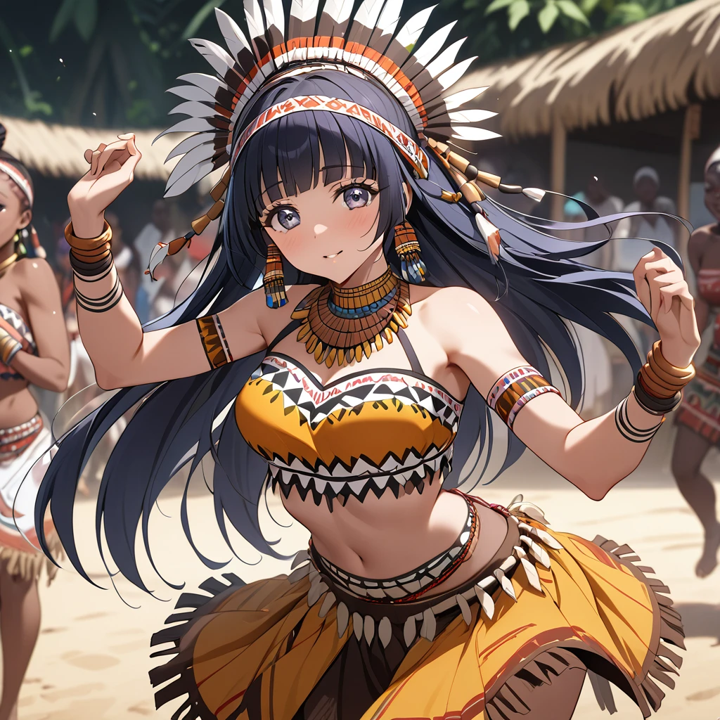 ((Highest quality)), ((masterpiece)), (detailed), (Perfect Face)、The woman is Reika Aoki, a native dancer from Ghana, Africa, with medium-long hair.、A woman is dancing an African native tribal dance wearing an African Ghana native tribal dance costume