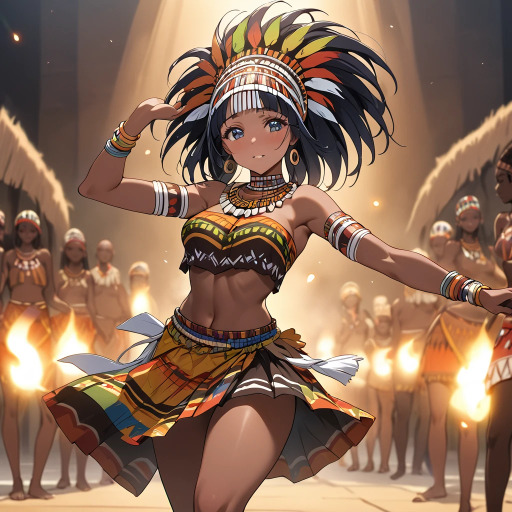 ((Highest quality)), ((masterpiece)), (detailed), (Perfect Face)、The woman is Reika Aoki, a native dancer from Ghana, Africa, with medium-long hair.、A woman is dancing an African native tribal dance wearing an African Ghana native tribal dance costume