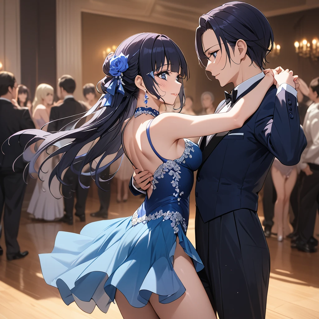 ((Highest quality)), ((masterpiece)), (detailed), (Perfect Face)、The woman is Reika Aoki with semi-long hair、A woman is dancing tango in a beautiful gorgeous tango costume