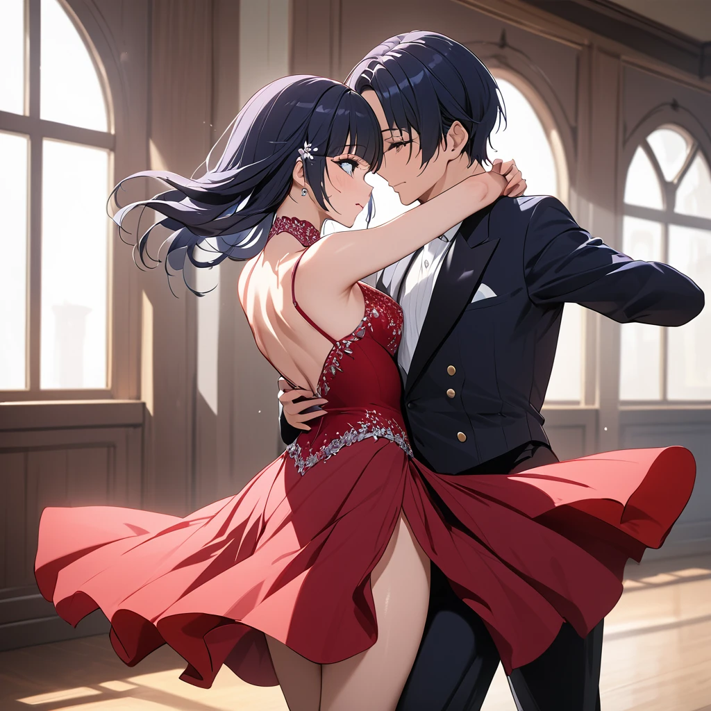 ((Highest quality)), ((masterpiece)), (detailed), (Perfect Face)、The woman is Reika Aoki with semi-long hair、A woman is dancing tango in a beautiful gorgeous tango costume
