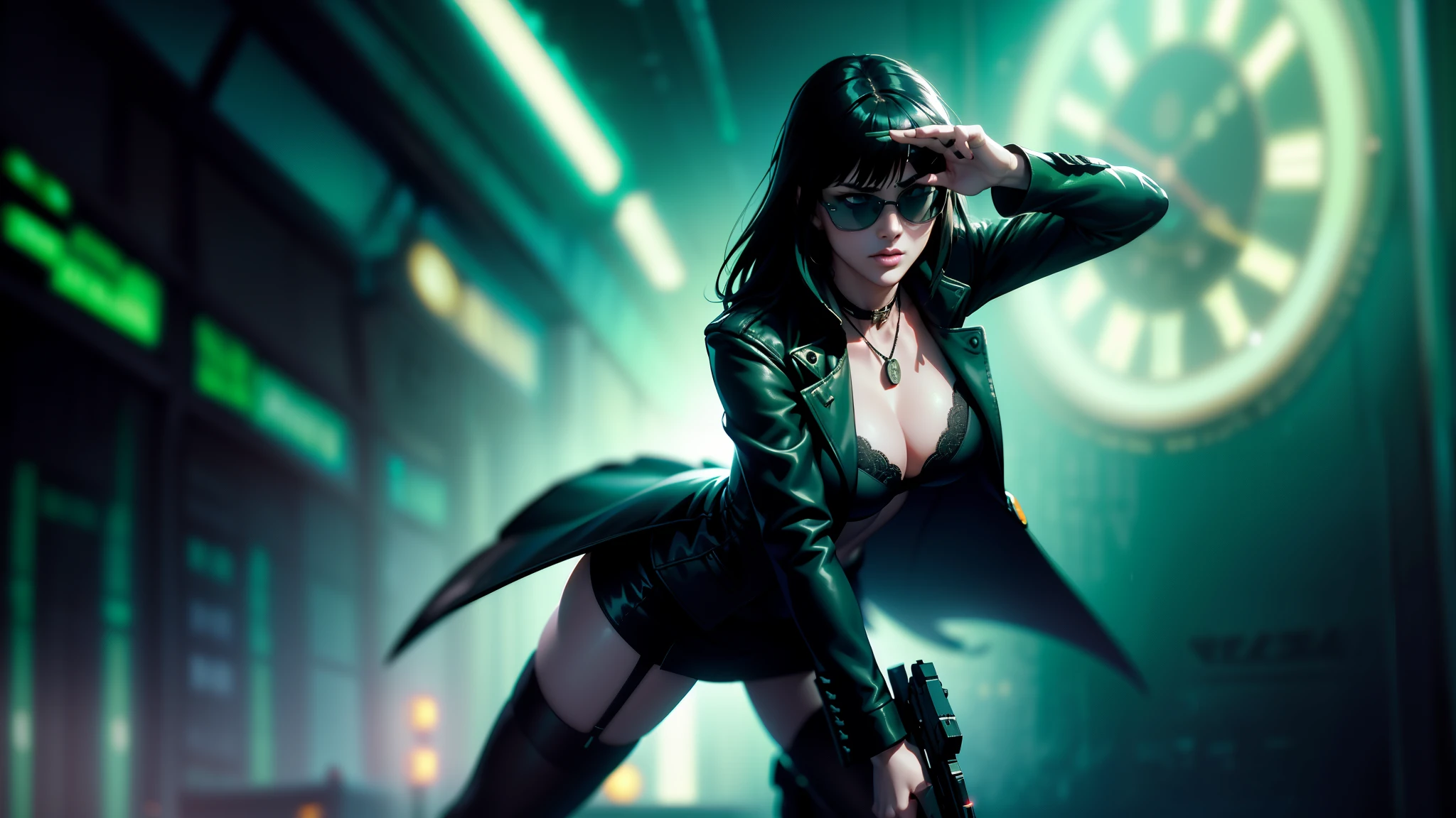 blade runner style city with a nocturnal vibe with Matrix-like aesthetic references, glowing huge clock tower as time machine, green glowing cascading code. At night, (1girl, solo, alone), photorealistic, medium-breast slim:0.6 body, oval:0.5 face, cleavage:1.1, sexy black laced bra, miniskirt, white laced panty, coat, (black micro sunglasses), (aiming with a short gun), (slightly leaning forward running pose), ((half-body thigh level medium shot)), cinematic lighting, ray tracing, radial zoom blurred background.