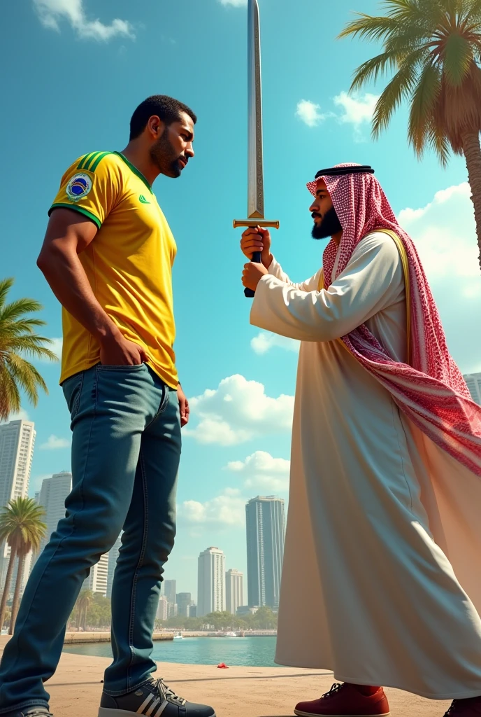 Create an image of a Brazilian man wearing only the national team jersey, in jeans and adidas sneakers with a cap and glasses, being struck with a sword by a Saudi man in typical Saudi clothing