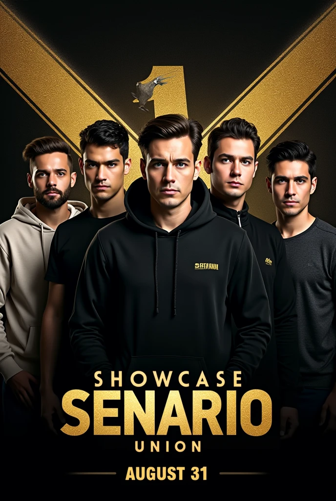 Make a exclusive poster with serious mode of six men. One with hoodie, one chubby man and four handsome man. Color the background with black and gold also write on that Senario with title Showcase SENARIOUNION on 31 August 2024

