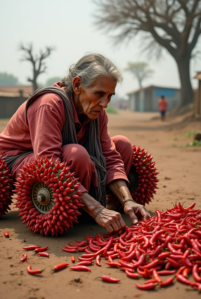 A poor Indian old woman sitting on the ground making a huge  four wheelers of red chili