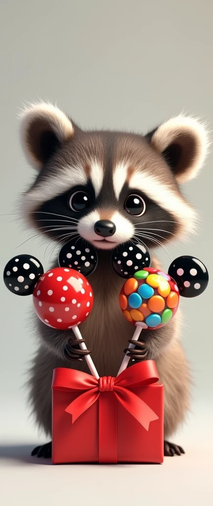 A captivating photograph of a cute extra fluffy baby realistic raccoon, holding Two Mickey Mouse-themed lollipops are showcased, each filled with a medley of colorful round candies. The lollipops boast black, mouse-shaped ears atop their black and white polka-dotted sticks, adding a touch of whimsy. The gift is tied together with a festive red ribbon at the base, making it a perfect treat for any Disney fan., conceptual art, product, 3d render, photo