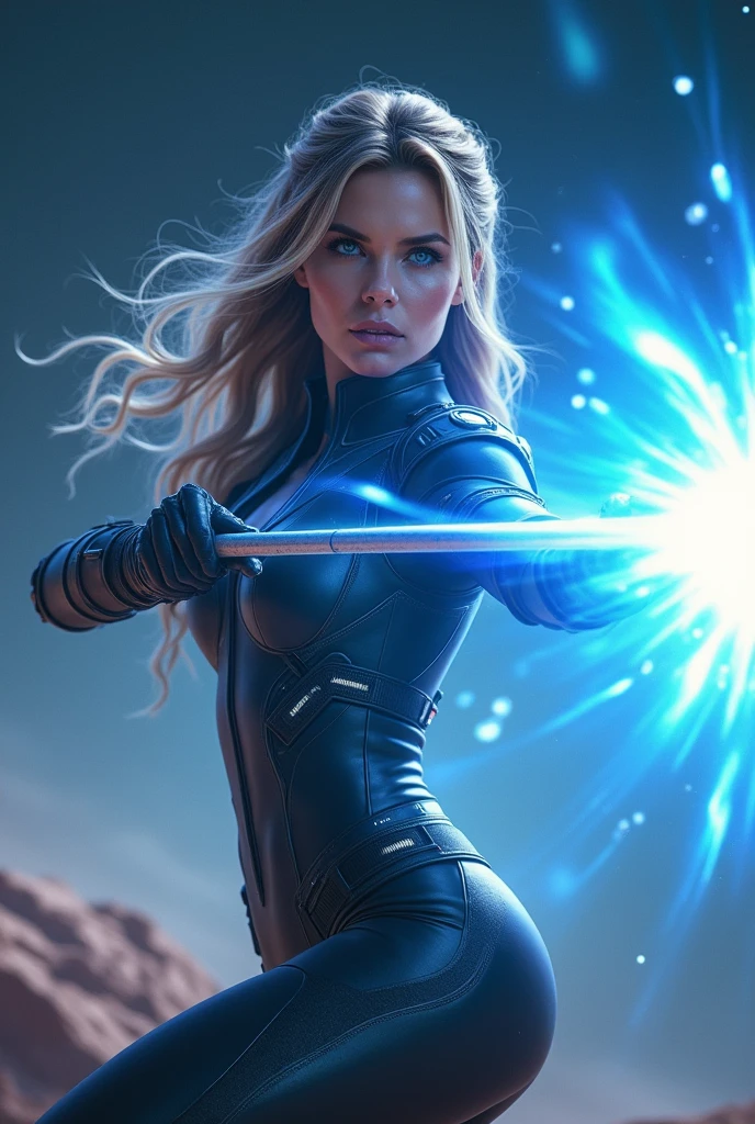 (RAW Photos, Highest quality), (Realistic, Photorealistic:1.3), 1 person、Realisticbody、Space Goddess、Combat Uniform、Holding a tin wand、Fire a beam、Spaceship、Action pose、Blue Flash