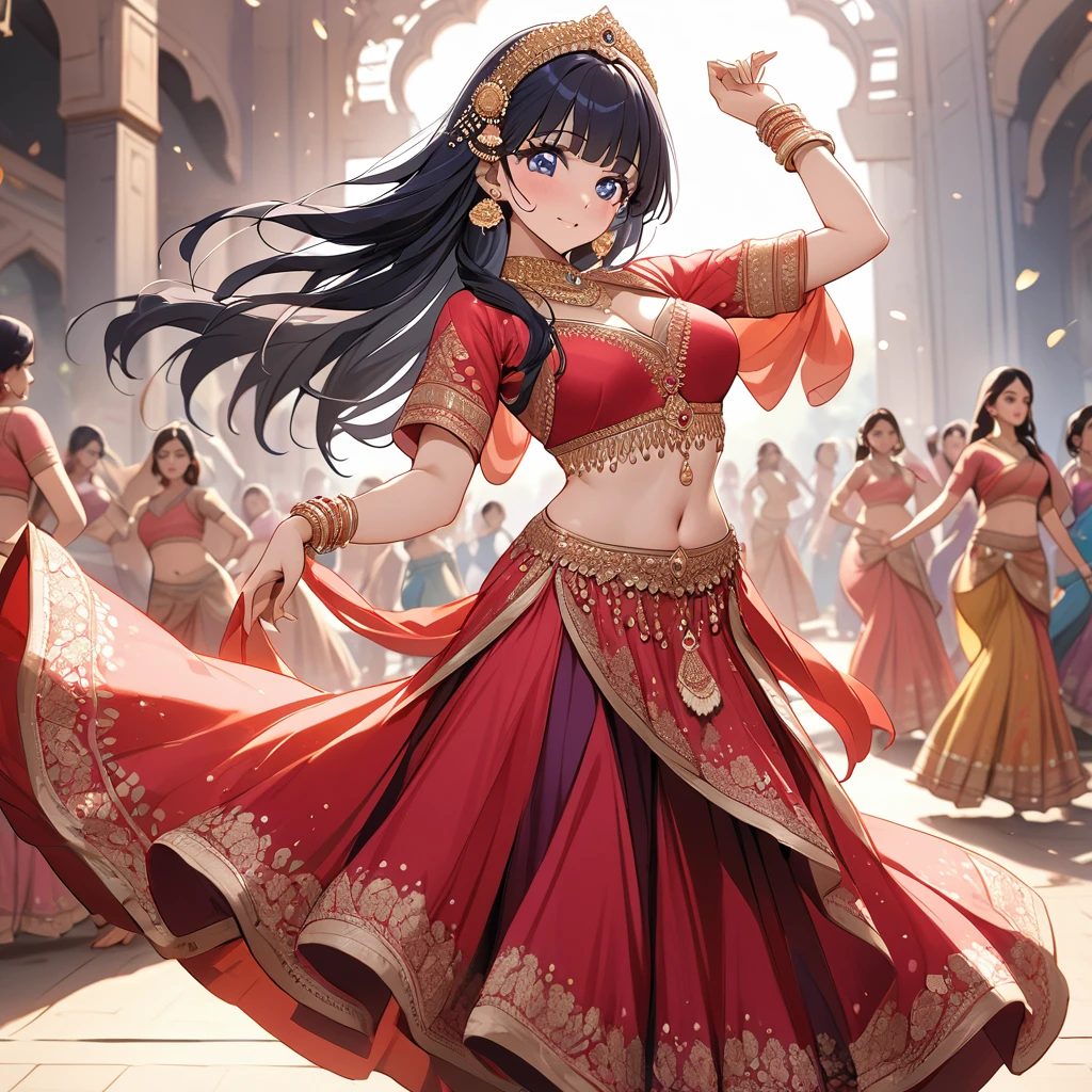 ((Highest quality)), ((masterpiece)), (detailed), (Perfect Face)、The woman is Reika Aoki with semi-long hair、A woman is dancing Bollywood dance in a Bollywood costume in India