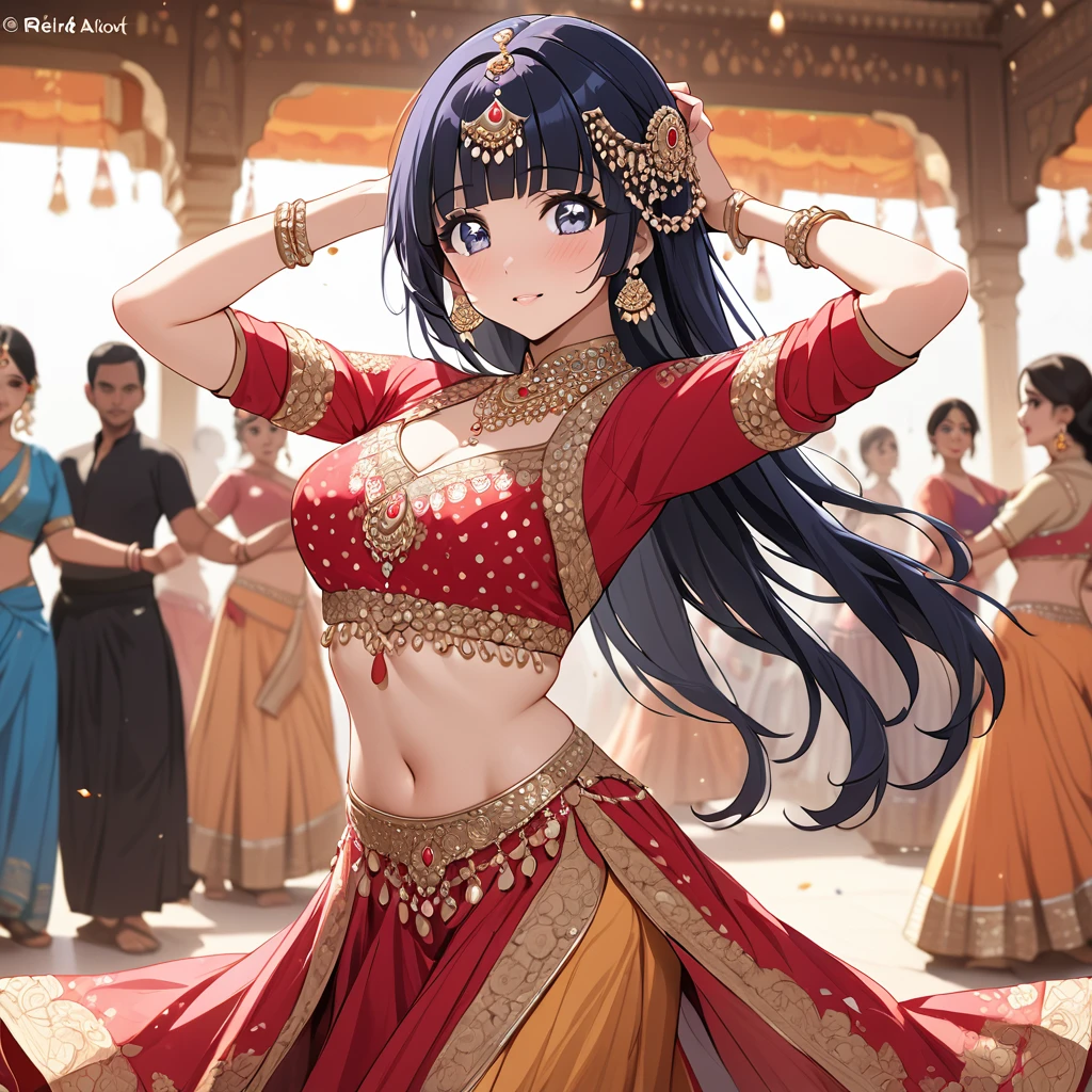 ((Highest quality)), ((masterpiece)), (detailed), （Perfect Face）、The woman is Reika Aoki with semi-long hair、A woman is dancing Bollywood dance in a Bollywood costume in India