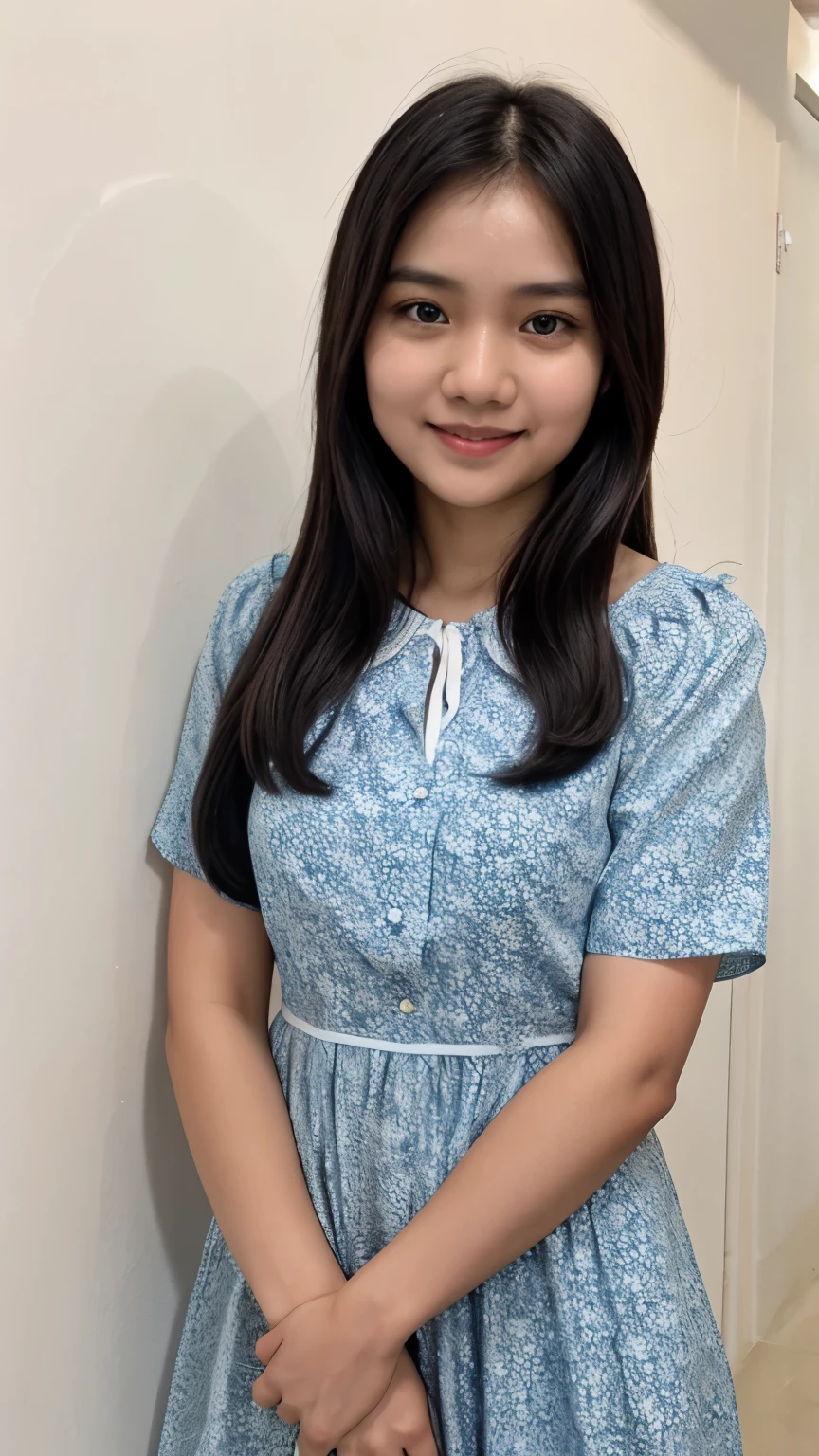 Wina Yuliana, The image is a selfie of a young woman with long dark hair. She is wearing a blue and white dress with a floral pattern. The woman is holding the dress up to her chest, revealing her breasts. She has a big smile on her face and is looking directly at the camera. The background is blurred, but it appears to be a room with a white wall and a window.