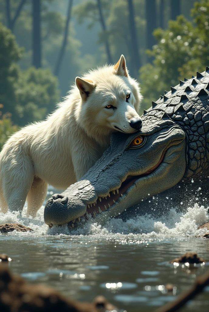 Akhir Epik: The fight lasted a long time, with both animals exhausted. However, with determination and smart strategy, The white wolf with shaggy fur ends the fight with a final, decisive attack, leaving the crocodile dead on the river bank with its head separated from its body.