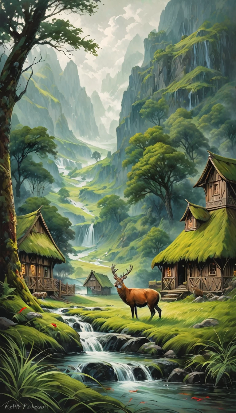 artist by Keith Parkinson,inside the village,wild animals,light tones,(smooth strokes),fine sketches,Vivid,Moody,Landscapes,Fantasy,Dark,landscape oil painting, red and green colors