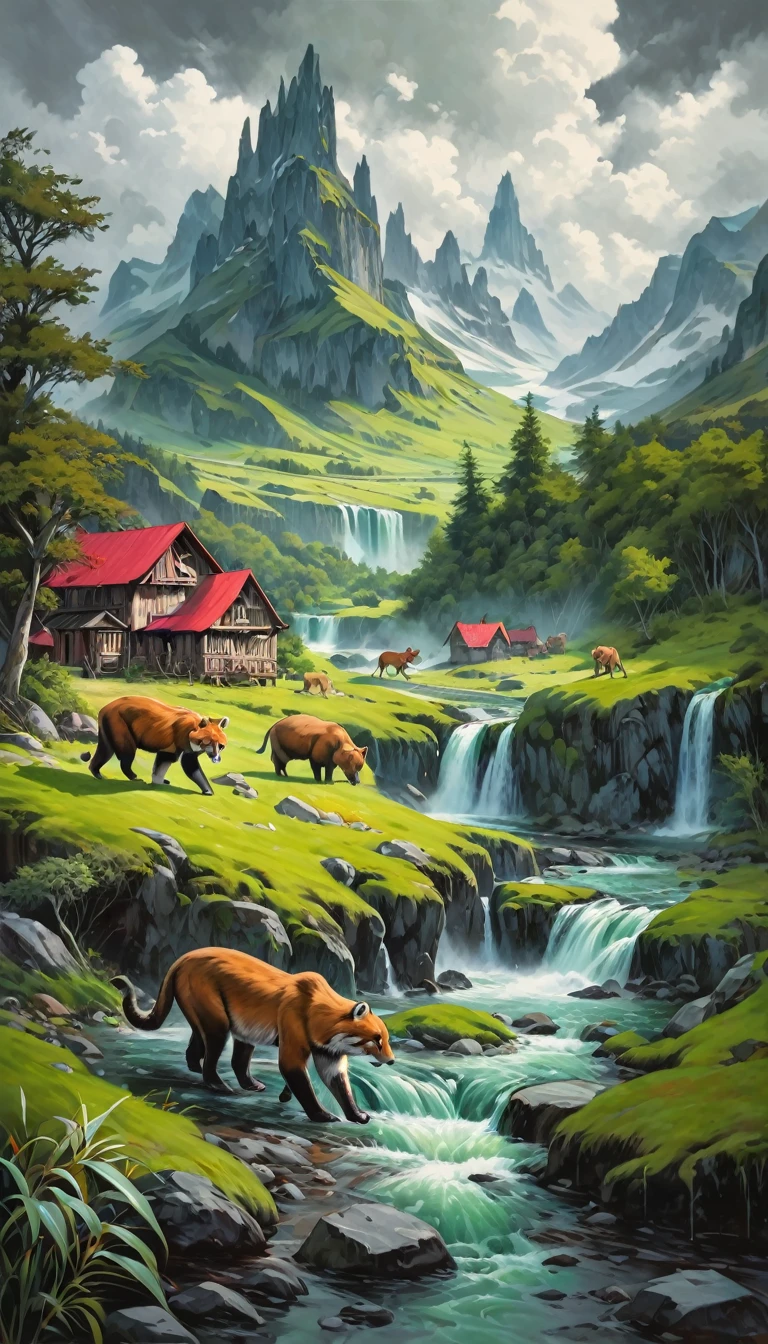 artist by Keith Parkinson,inside the village,wild animals,light tones,(smooth strokes),fine sketches,Vivid,Moody,Landscapes,Fantasy,Dark,landscape oil painting, red and green colors
