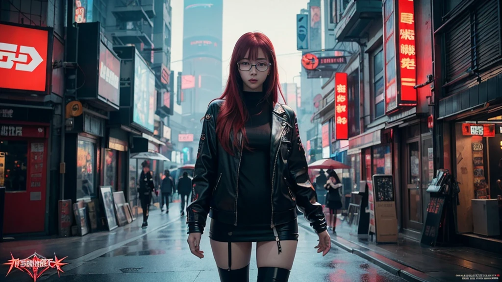 A red-haired girl with glasses standing in a city, guweiz style artwork, cyberpunk atmosphere, cyberpunk atmospheres, dreamy cyberpunk girl, Style Ross Tran, cyberpunk art style, cyberpunk style off, cyberpunk themed art, cyberpunk anime girl, cyberpunk anime digital art, cyberpunk beautiful girl, guweiz, in cyberpunk style, cyberpunk girl