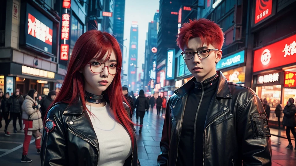 A red-haired girl with glasses standing in a city, guweiz style artwork, cyberpunk atmosphere, cyberpunk atmospheres, dreamy cyberpunk girl, Style Ross Tran, cyberpunk art style, cyberpunk style off, cyberpunk themed art, cyberpunk anime girl, cyberpunk anime digital art, cyberpunk beautiful girl, guweiz, in cyberpunk style, cyberpunk girl