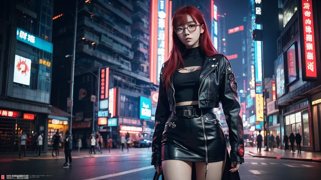 A red-haired girl with glasses standing in a city, guweiz style artwork, cyberpunk atmosphere, cyberpunk atmospheres, dreamy cyberpunk girl, Style Ross Tran, cyberpunk art style, cyberpunk style off, cyberpunk themed art, cyberpunk anime girl, cyberpunk anime digital art, cyberpunk beautiful girl, guweiz, in cyberpunk style, cyberpunk girl