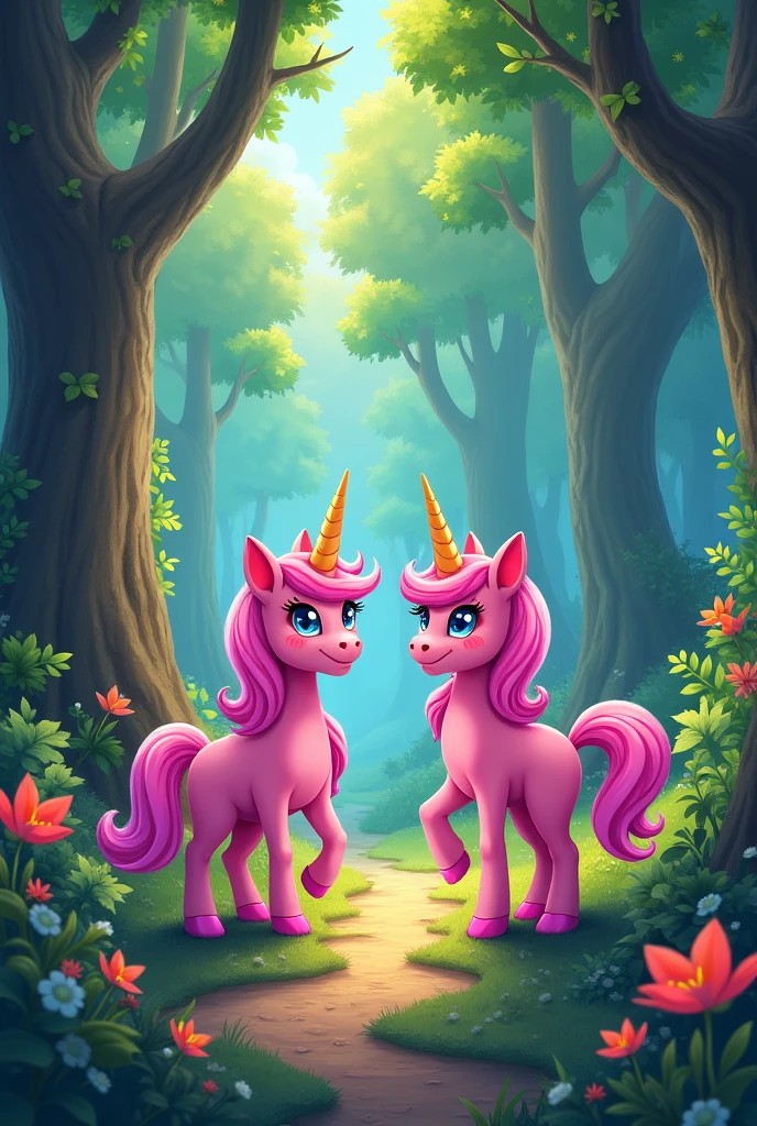 Create an image for story book title is The Adventure of Sparkle the Unicorn
Chapter 3: The Enchanted Forest
As they ventured deeper into the forest, they came across a riddle carved into a stone:
"To find the treasure, you must be wise,
Answer this riddle and claim your prize.
What has keys but can't open doors,
And plays sweet music to fill your ears?"
Make two unicorn and both are female friends with same pink colour and big