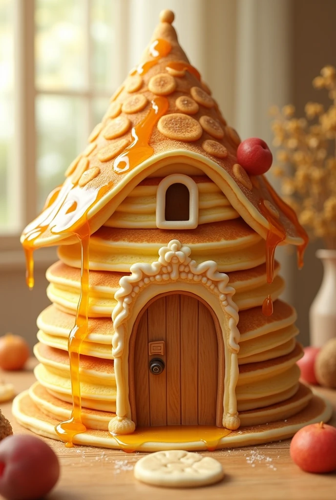 Imagine a realistic big cozy, whimsical house made entirely of fluffy, golden-brown pancakes. The walls are stacked high with soft layers, slightly bending under their own weight, with warm butter dripping slowly down the sides. The roof is made of perfectly shaped, round pancakes, overlapping like shingles, with maple syrup dripping down like a sweet waterfall. Windows are outlined with crispy edges, and the door is a towering, pillowy pancake, inviting you inside. The whole scene feels warm, inviting, and smells like fresh, sweet breakfast."