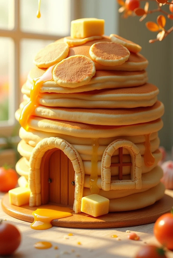 Imagine a realistic big cozy, whimsical house made entirely of fluffy, golden-brown pancakes. The walls are stacked high with soft layers, slightly bending under their own weight, with warm butter dripping slowly down the sides. The roof is made of perfectly shaped, round pancakes, overlapping like shingles, with maple syrup dripping down like a sweet waterfall. Windows are outlined with crispy edges, and the door is a towering, pillowy pancake, inviting you inside. The whole scene feels warm, inviting, and smells like fresh, sweet breakfast."