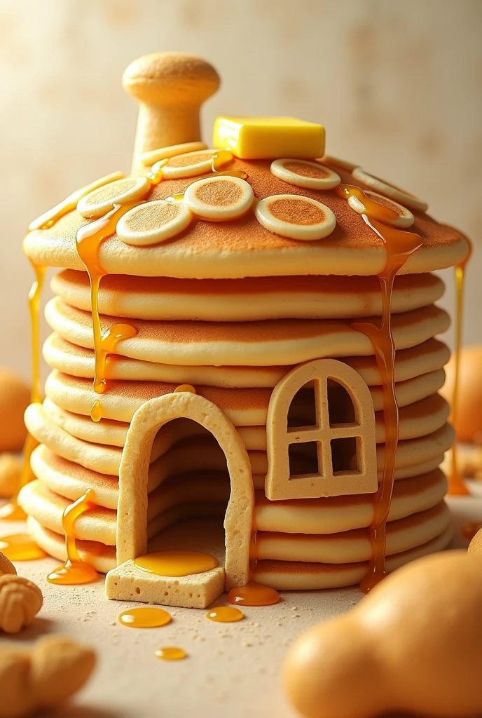 Imagine a realistic big cozy, whimsical house made entirely of fluffy, golden-brown pancakes. The walls are stacked high with soft layers, slightly bending under their own weight, with warm butter dripping slowly down the sides. The roof is made of perfectly shaped, round pancakes, overlapping like shingles, with maple syrup dripping down like a sweet waterfall. Windows are outlined with crispy edges, and the door is a towering, pillowy pancake, inviting you inside. The whole scene feels warm, inviting, and smells like fresh, sweet breakfast."