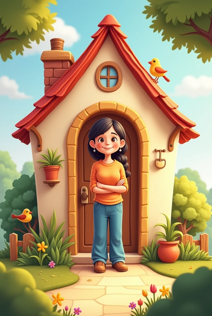 A cartoonist AI image of a mother with a background of her house and she is stand in front of door