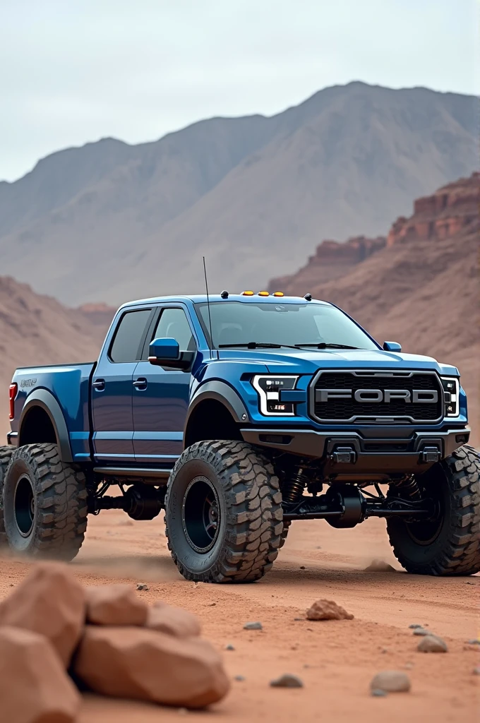 Blue pickup truck with 6 side wheels
