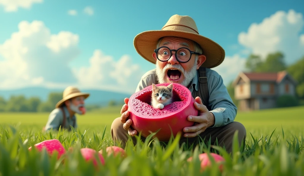 create realistic images A surprised elderly farmer wearing glasses and a straw hat is holding a large, hollowed-out dragon fruit with a small red kitten playing inside it. The kitten has its mouth wide open, appearing as if it's meowing. Another farmer, partially visible in the background, has a similar expression of astonishment. The setting features a lush green field under a bright blue sky with a few clouds. Pieces of dragon fruit are also visible in the foreground.