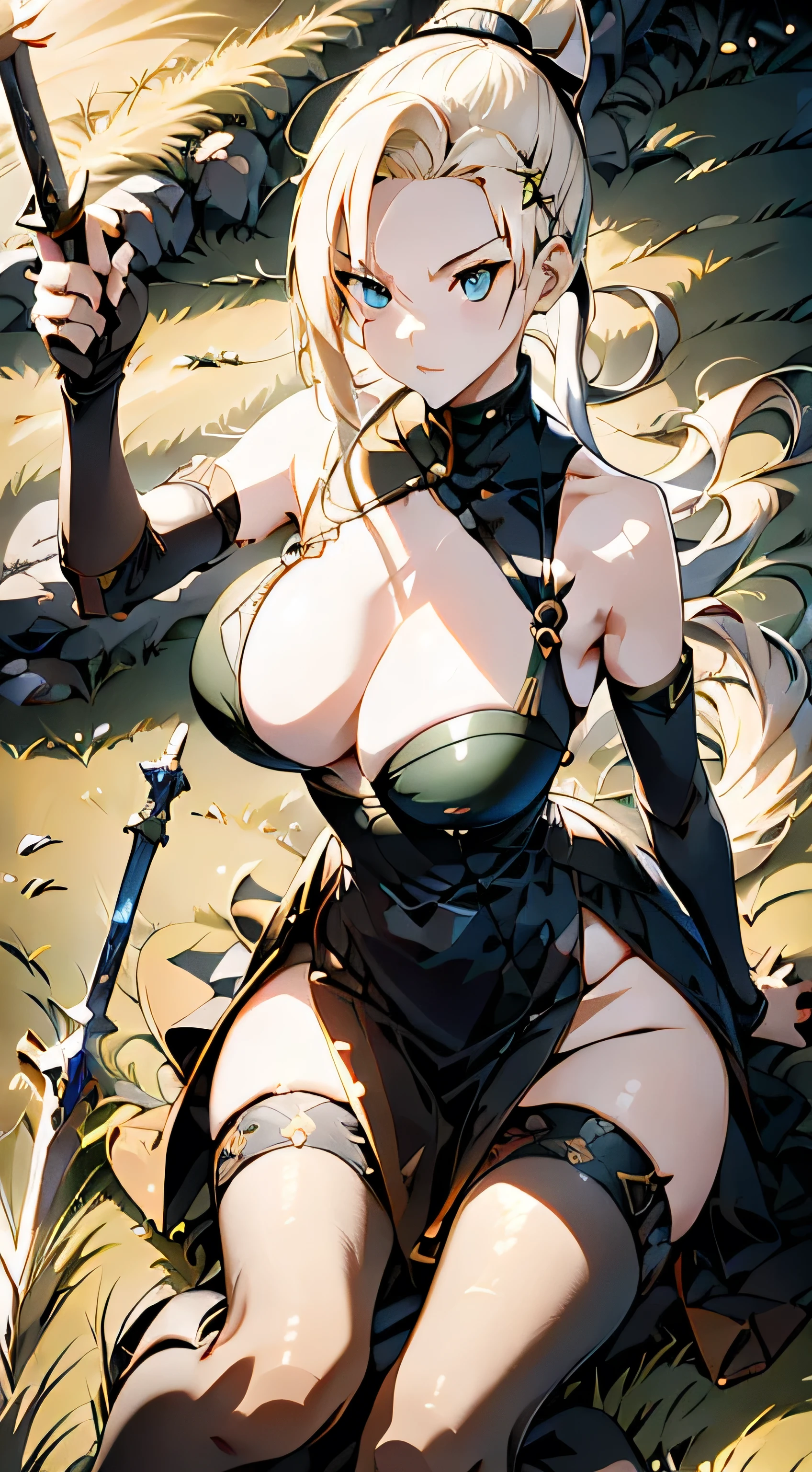 Ino Yamanaka holds a black sword in her hand,Raise up on the battlefield, 8k, japanese anime style high resolution, Perfect hand, Perfect eye, Detailed eyes, The detailed hand, Armor, Raise Hand, Screaming, Angry expression, 2D illustration , Blonde hair, midday sunlight, disrupt, medieval battle in the background