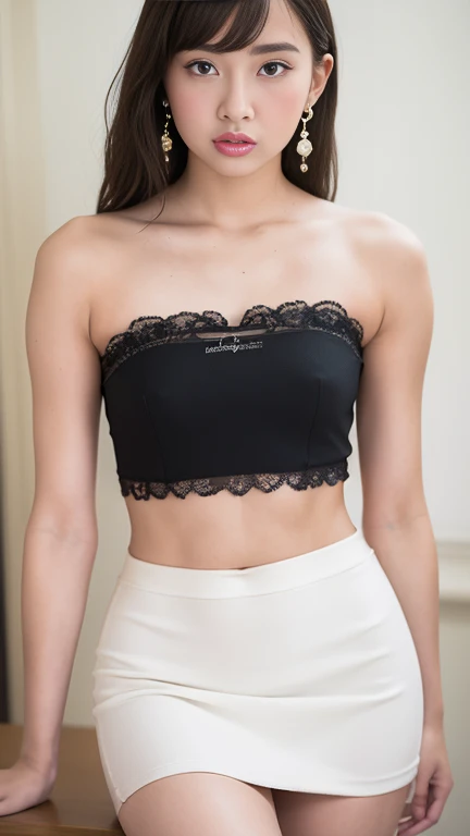 masterpiece, highest quality, alone, 1 girl, glowing skin, sparkling earrings, glamorous, quirky details, slicked hair, attractive, bare shoulders, Sheer lace crop top, Tight Skirt, shallow depth of field, contrasting, Professional Model, facing the front, Overbyte、half open mouth、blush、 small and perky breasts