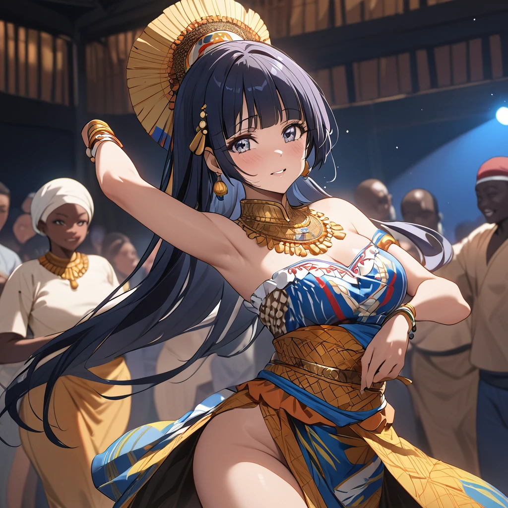 ((Highest quality)), ((masterpiece)), (detailed), (Perfect Face)、The woman is Reika Aoki with semi-long hair、The woman is wearing a Congolese costume and dancing the Congolese dance.