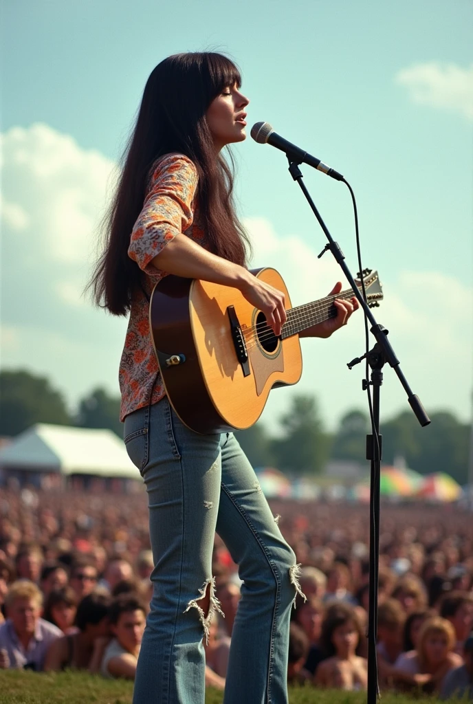 The time was the 1969 Woodstock Free Outdoor Festival venue.、A very beautiful and glamorous 30-year-old white female folk singer、She was performing alone on stage in front of a crowd of 100,000 hippies, playing a worn-out Gibson acoustic guitar and a harmonica holder around her neck, simultaneously in front of a microphone stand.、Paisley psychedelic hippie shirtをジーパンから出してだらしなく着ている、Tattered patchwork denim bell bottoms and hippie sandals、she has a dark brunette One-length Perfectly straight very long hair,Super Beauty、Love & Peace Festival、White clouds in blue sky、A moving and soulful performance、Hippie Accessories、Lots of music equipment on stage、Very glamorous figure、Very large, pendulous breasts、a perfect glamorous mature woman's proportions、The cleavage of large, sagging breasts、Live snap of wide shots with amazing angles by professional photographers、Paisley psychedelic hippie shirtの裾をジーンズから出しているだらしない服装、Super big breasts、Super Beauty、Full Body、Her whole body、Paisley psychedelic hippie shirt、Shouting with a big mouth、Beautiful sunset、