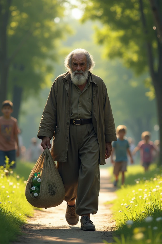 An elderly man with gray hair and a deeply wrinkled face, wearing simple, worn-out clothes, walks slowly past a park. He looks sad, with his head slightly bowed and a somber expression on his face. In one hand, he clutches a large bag filled with plastic bottles that he’s collected. In the background, there are a few children playing in the park, visibly laughing and pointing at him. The contrast between the man’s sadness and the children’s mocking laughter is evident. The scene is set on a bright, sunny day, with trees and green grass surrounding the park.
