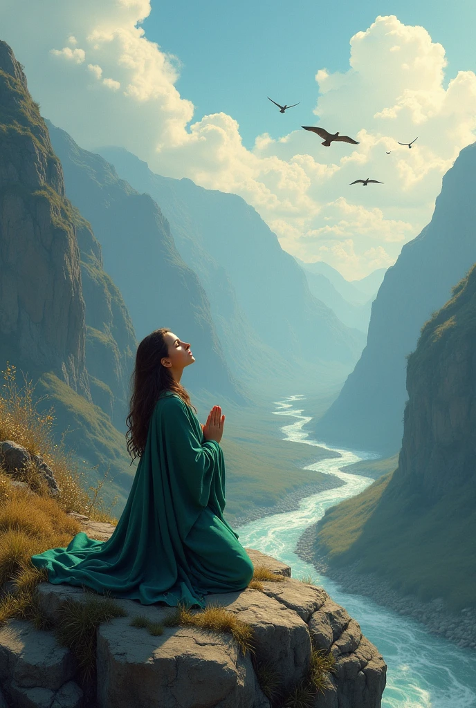 Create a woman praying on a mountain with winds and river, Birds flying