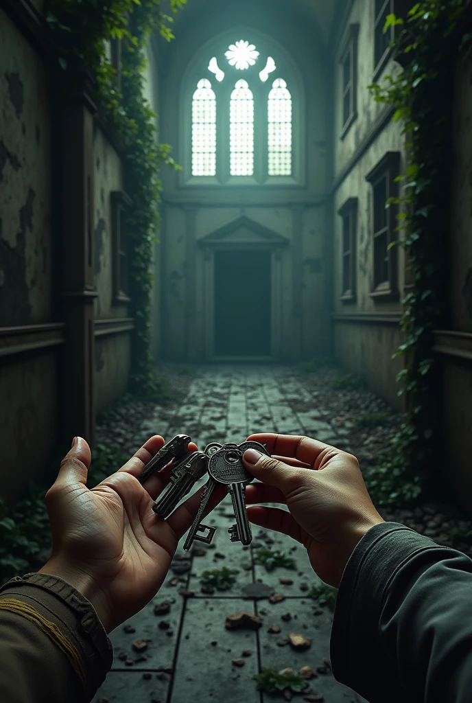 abandoned mansion, first person perspective, you find keys to any door