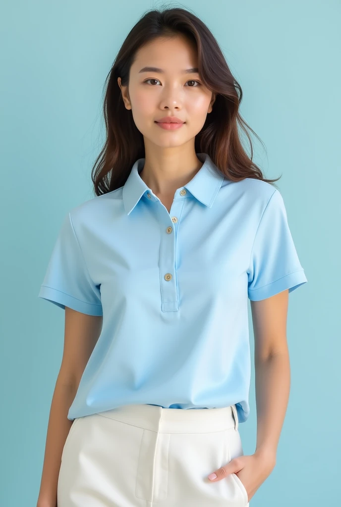 short sleeve polo shirt for women pastel blue not logo with 3 bottons, no girl