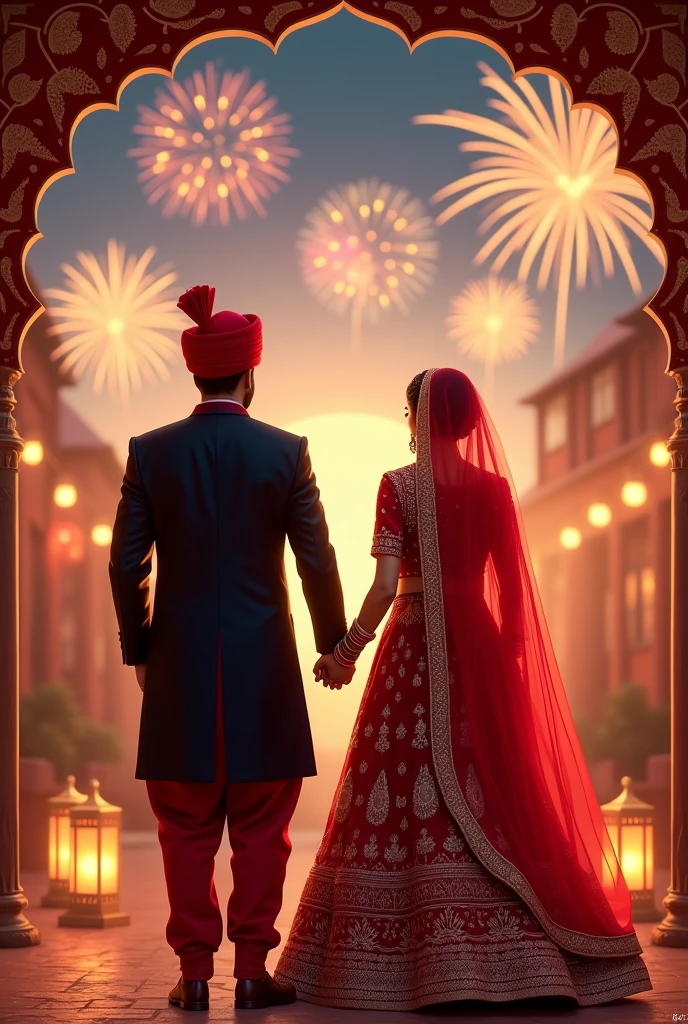 I want a barat invitation where bride is wearing a red lehnga with dupatta on head and full body covered and full sleeves and groom wearing black sherwani and black trouser and red turbin and both holding hands from behind and pic is of the back veiw and there is is lantern and fireworks in both sides and on sky and there is ample space on the top of pic for invitation and there is boarder on all sides of pic that give them a invitation card look