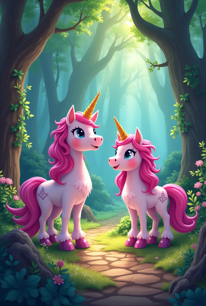 Create an image for story book title is The Adventure of Sparkle the Unicorn


 Chapter 3: The Enchanted Forest

As they ventured deeper into the forest, they came across a riddle carved into a stone:

"To find the treasure, you must be wise,
Answer this riddle and claim your prize.
What has keys but can't open doors,
And plays sweet music to fill your ears?"
Make two unicorn  and both are female friends with same pink colour  and big