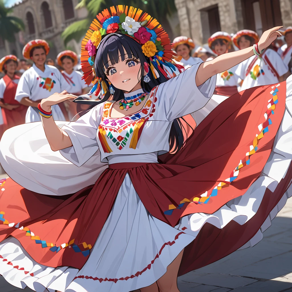 ((Highest quality)), ((masterpiece)), (detailed), (Perfect Face)、The woman is Reika Aoki with semi-long hair、A woman is dancing in a Guelaguetza costume in Guelaguetza, Mexico